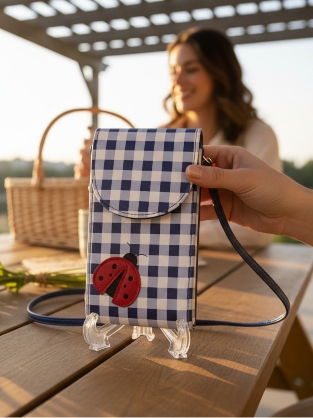 Checkered Navy & White Phone Crossbody with Red Ladybug Accent